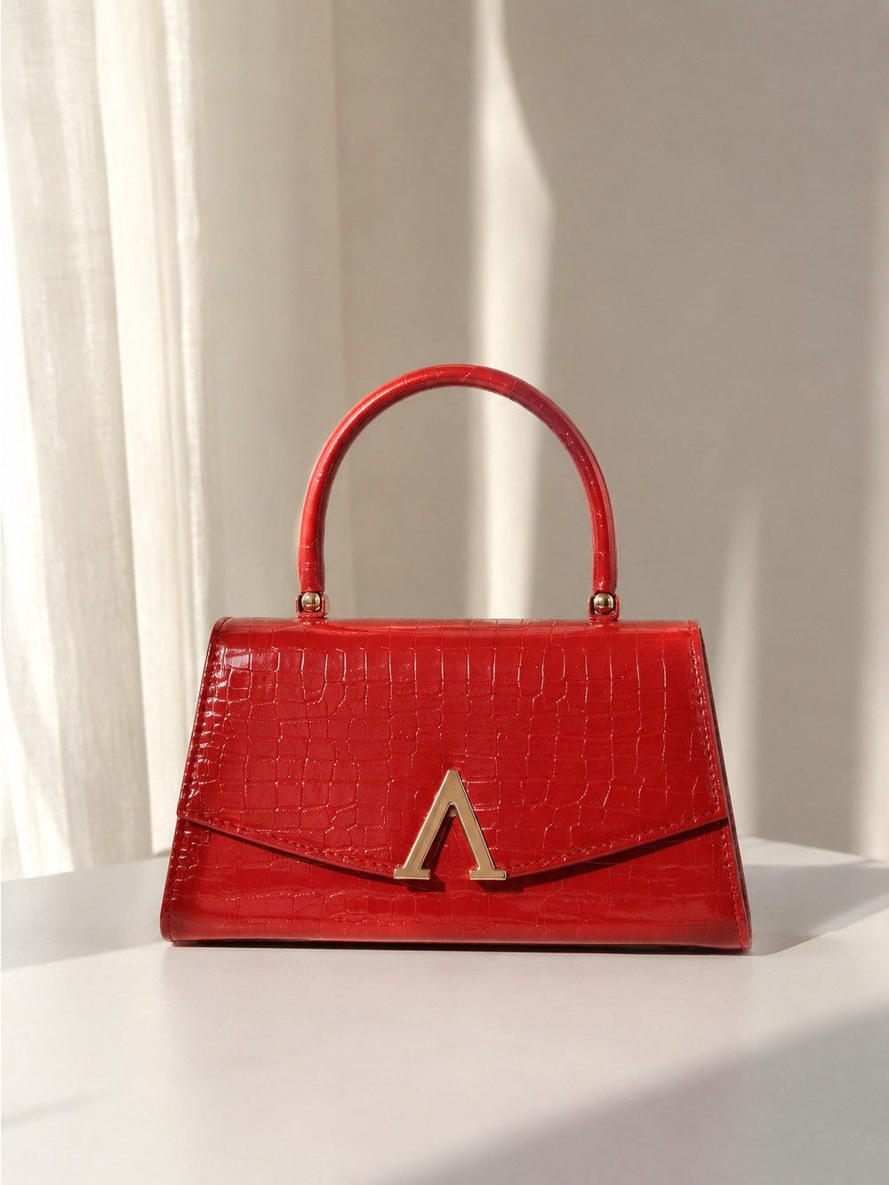 Red Croc-Embossed Top Handle Bag with Gold Accent